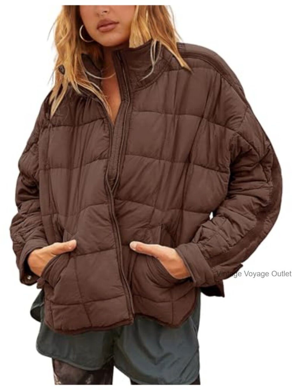 Lightweight Quilted Puffer Jacket Oversized Nylon Zip Up Long Sleeve